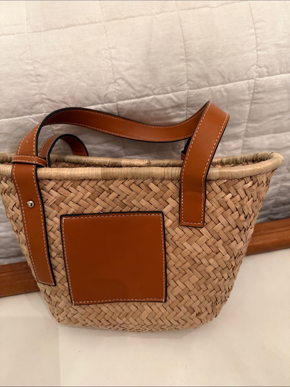 Amazon Woven Straw Tote with Brown Leather Accents